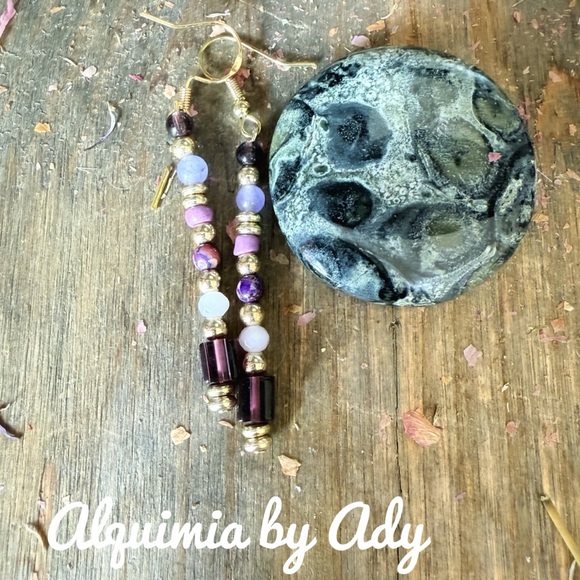 GOLD PURPLE GEMSTONES EARRINGS - Picture 1 of 1